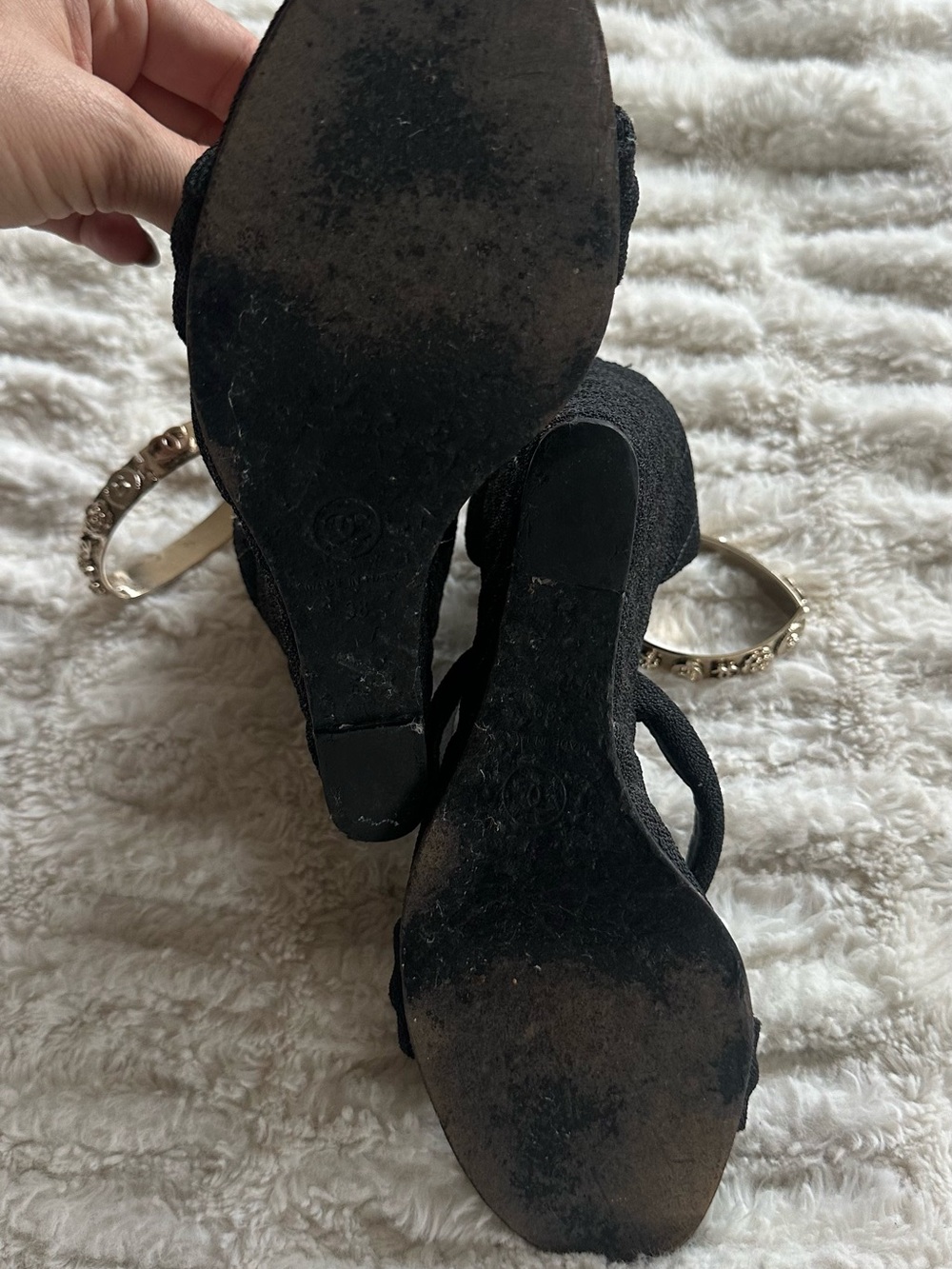 CHANEL Black Canvas Logo Lucky Charms Wedge Sandals - Picture 11 of 16